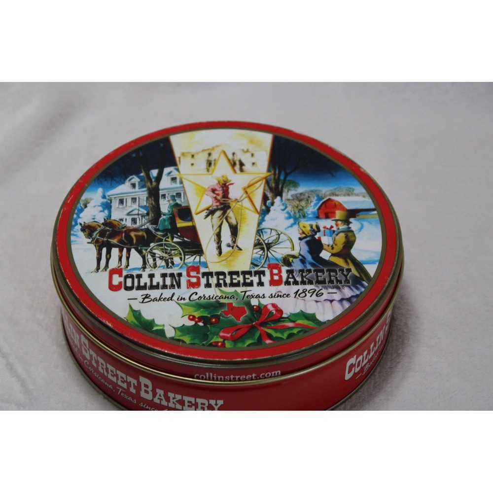 Collin Street Bakery Texas Fruitcake Tin Vintage Red Christmas Cowboy Decor